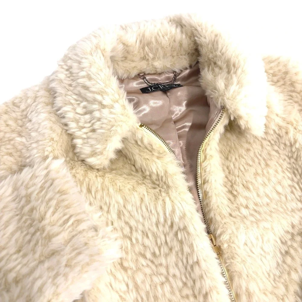J.Crew Faux Fur Jacket Coat Womens L Ivory Cream Full Zip Teddy Bear High Pile